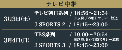 テレビ中継 3月3日（土） テレビ朝日系列 J SPORTS2 3月4日（日） TBS系列 J SPORTS3