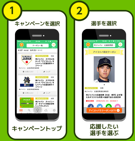 1.キャンペーン選択　2.選手の選択